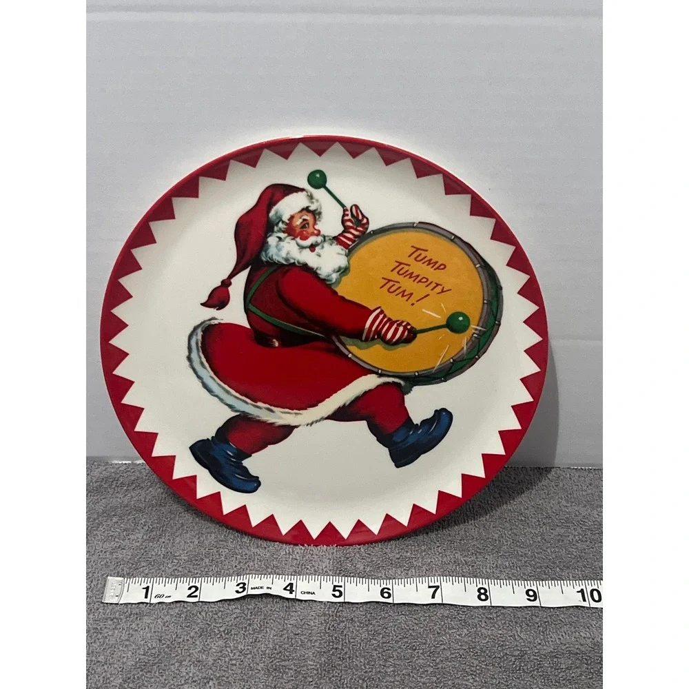 Set of 2 Christmas Melamine Plates Santa Snowman Reindeer Retro Holiday 9 Inch